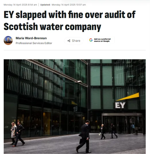 News article screenshot: EY slapped with fine over audit of Scottish water company